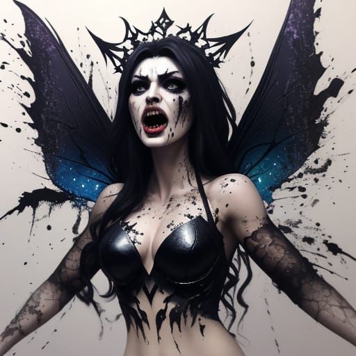 Conflicted dark fairy queen, fairy wings, wrestling with dark shadows, mouth open in a scream. ink splatter, alcohol ink...