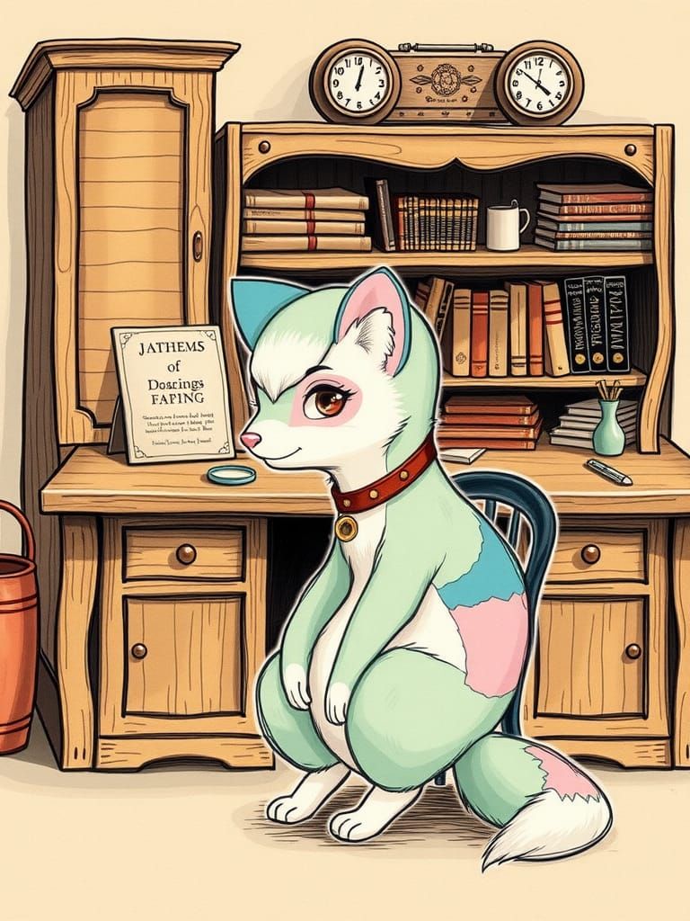 Pastel Fox-Ferret at Antique Desk, Hand-Drawn Illustration