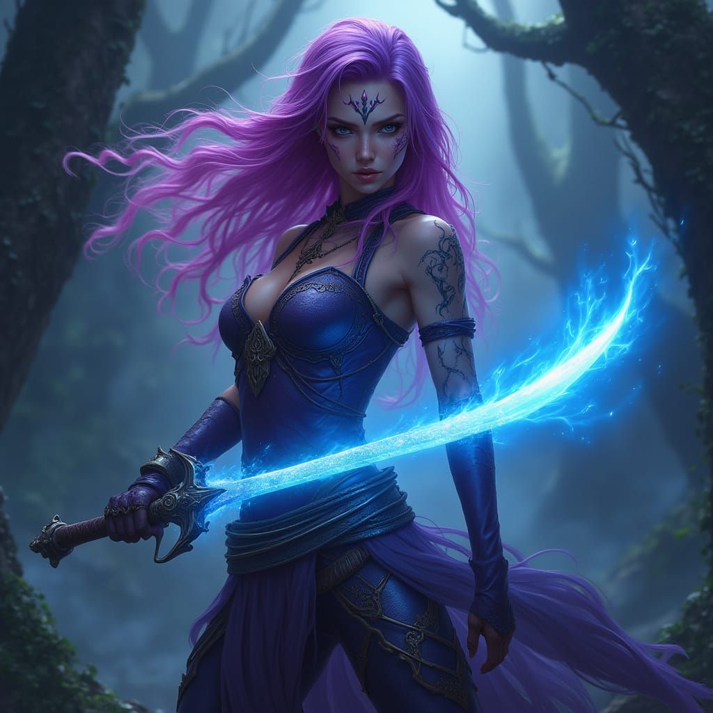 Fantasy Warrior Queen with Glowing Purple Hair Wields Mystic...