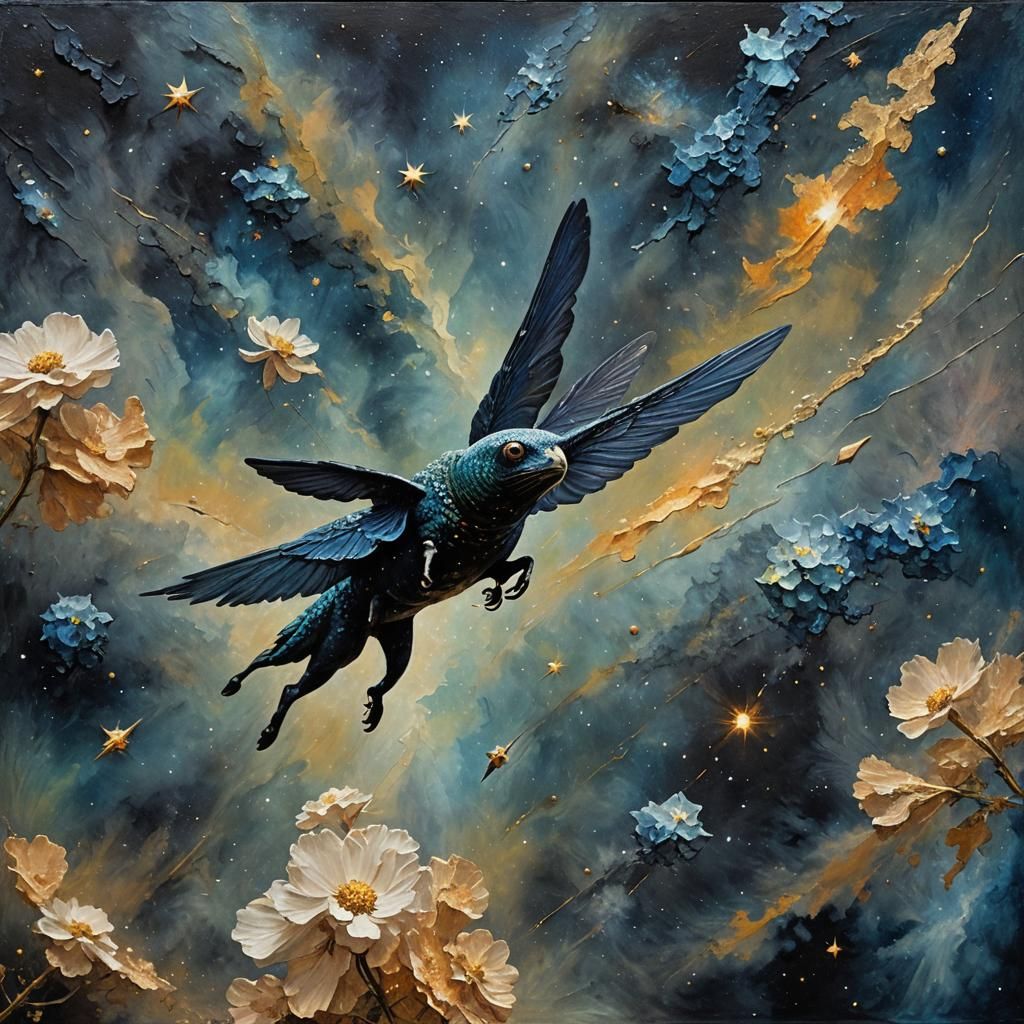 Cosmic Animal Trainer Flying in Impasto Style