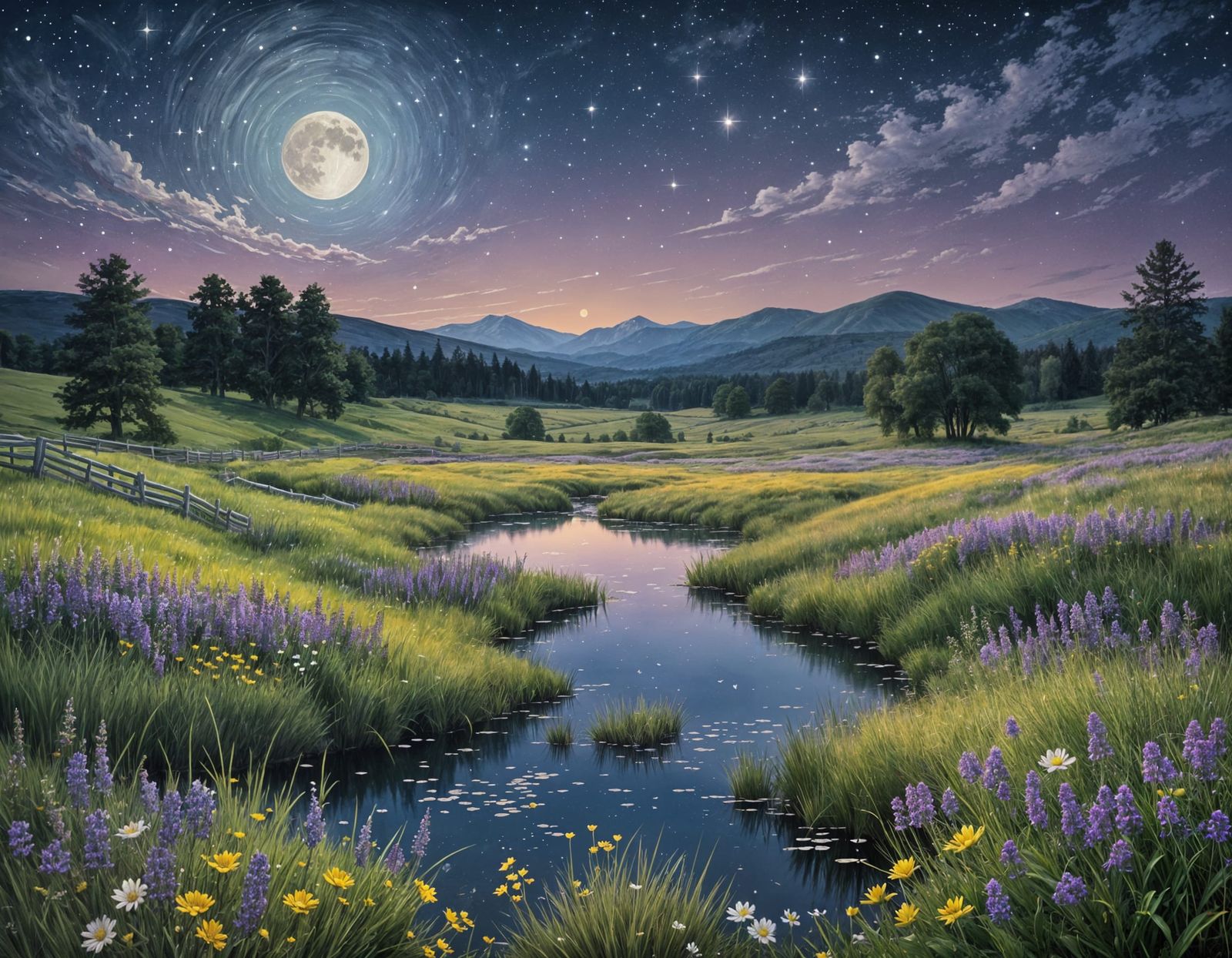 Moonlit Meadow with Wildflowers and Contemplative Figure