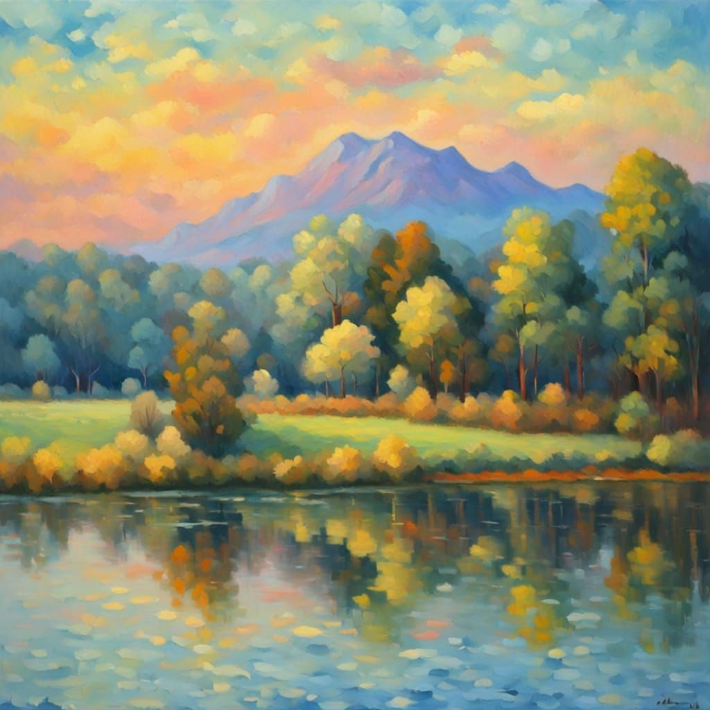 Neo-Impressionist Lake Scene with Golden Hour Lighting