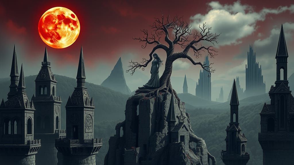 a slender female figure standing on a mountain of broken cas...