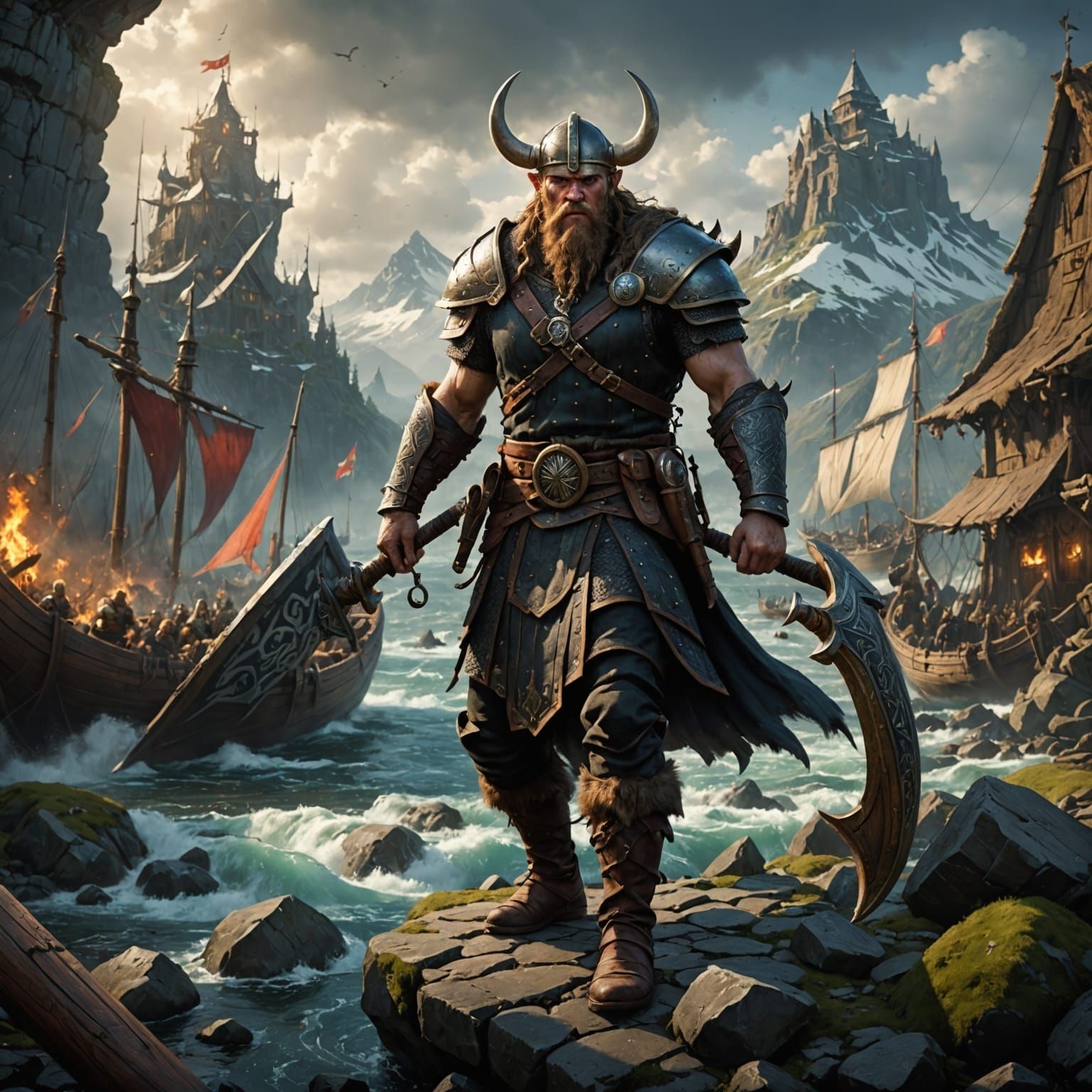 Viking Warrior Engages Dragon in Epic Dark Fantasy Battle