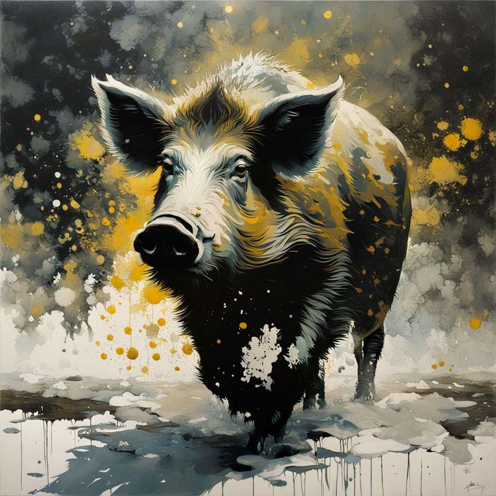 Wild Boar in Paper Marbling Style