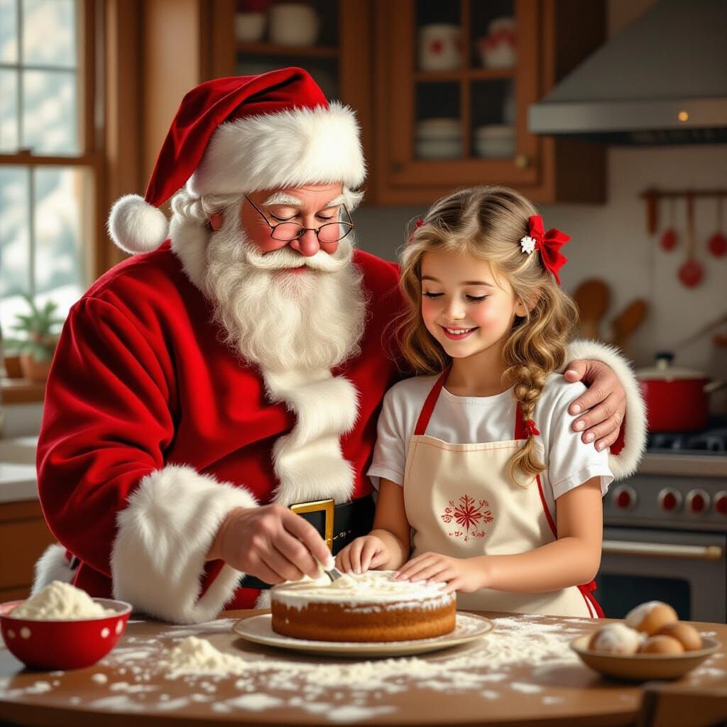 Santa Teaches Granddaughter Baking in Cozy Kitchen Oil Paint...