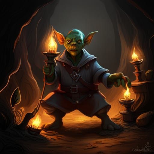 Goblin in Candlelit Cave: Dark Fantasy Concept Art
