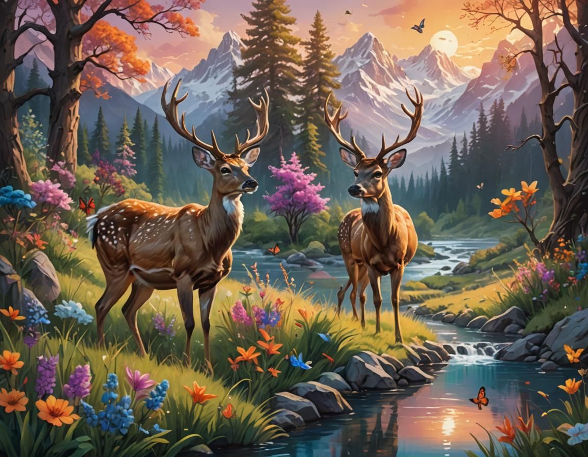 Fantasy Deer and Rabbit Meadow, Vibrant Oil Painting