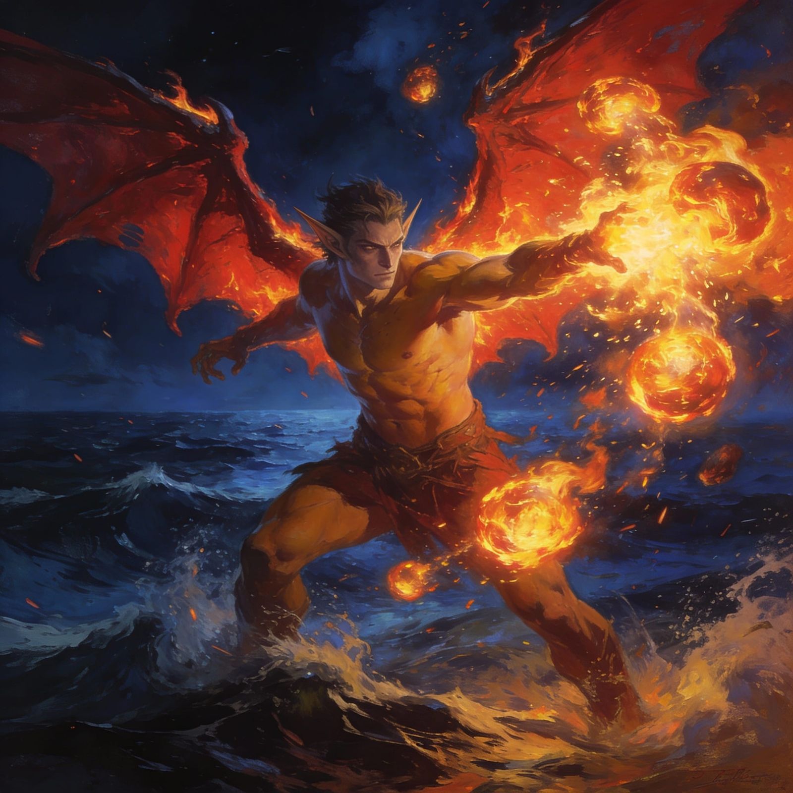 Fiery Elf Angel Unleashing Chaos Above Ocean