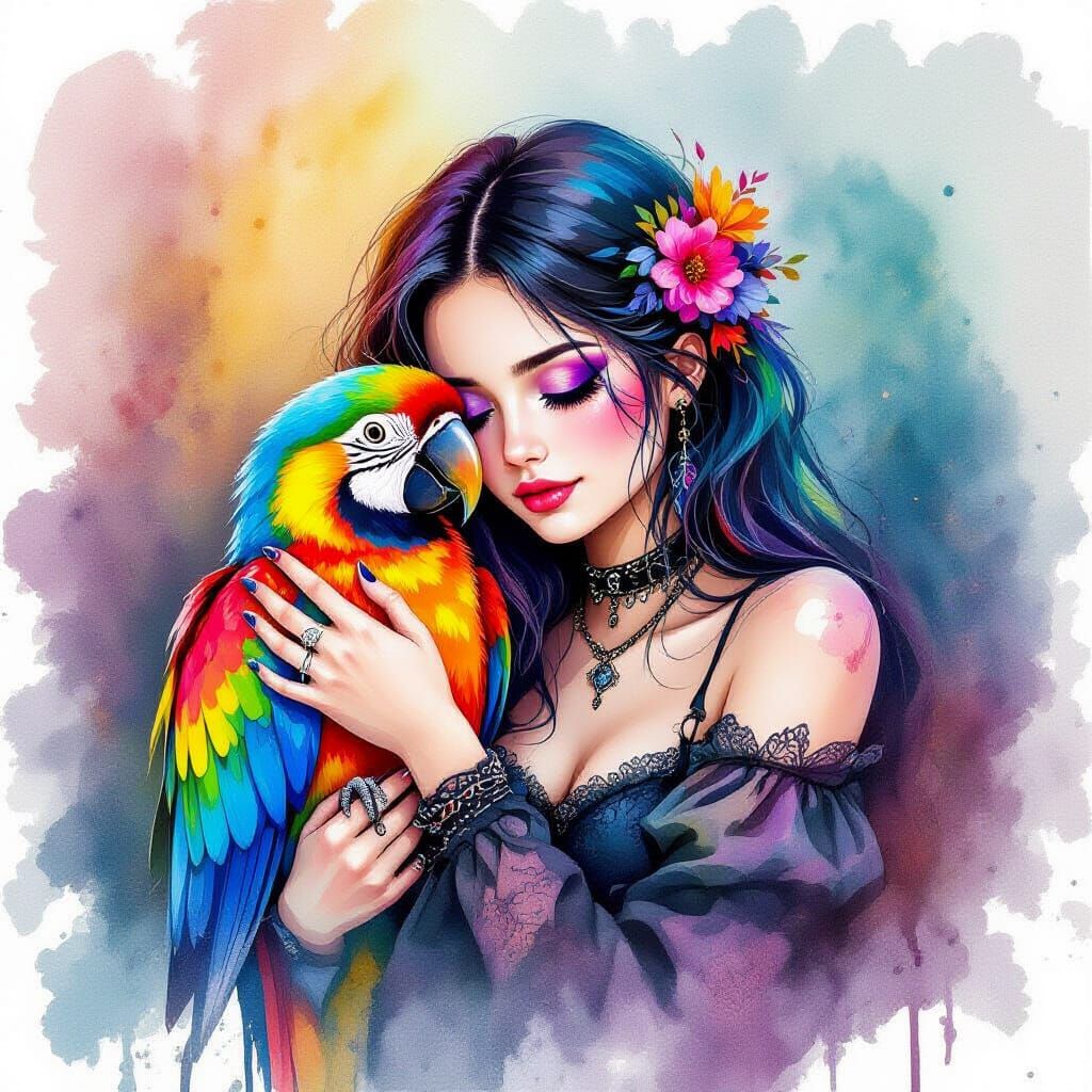 Gothic Girl with Parrot in Watercolor Style