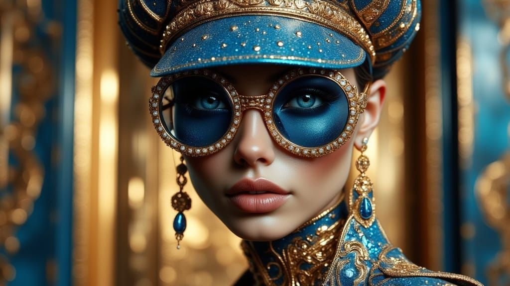 Futuristic Monarch in Blue and Gold Cyber-Regal Attire