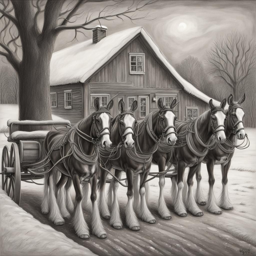 Clydesdales Pulling Santa's Sleigh: Charcoal Drawing