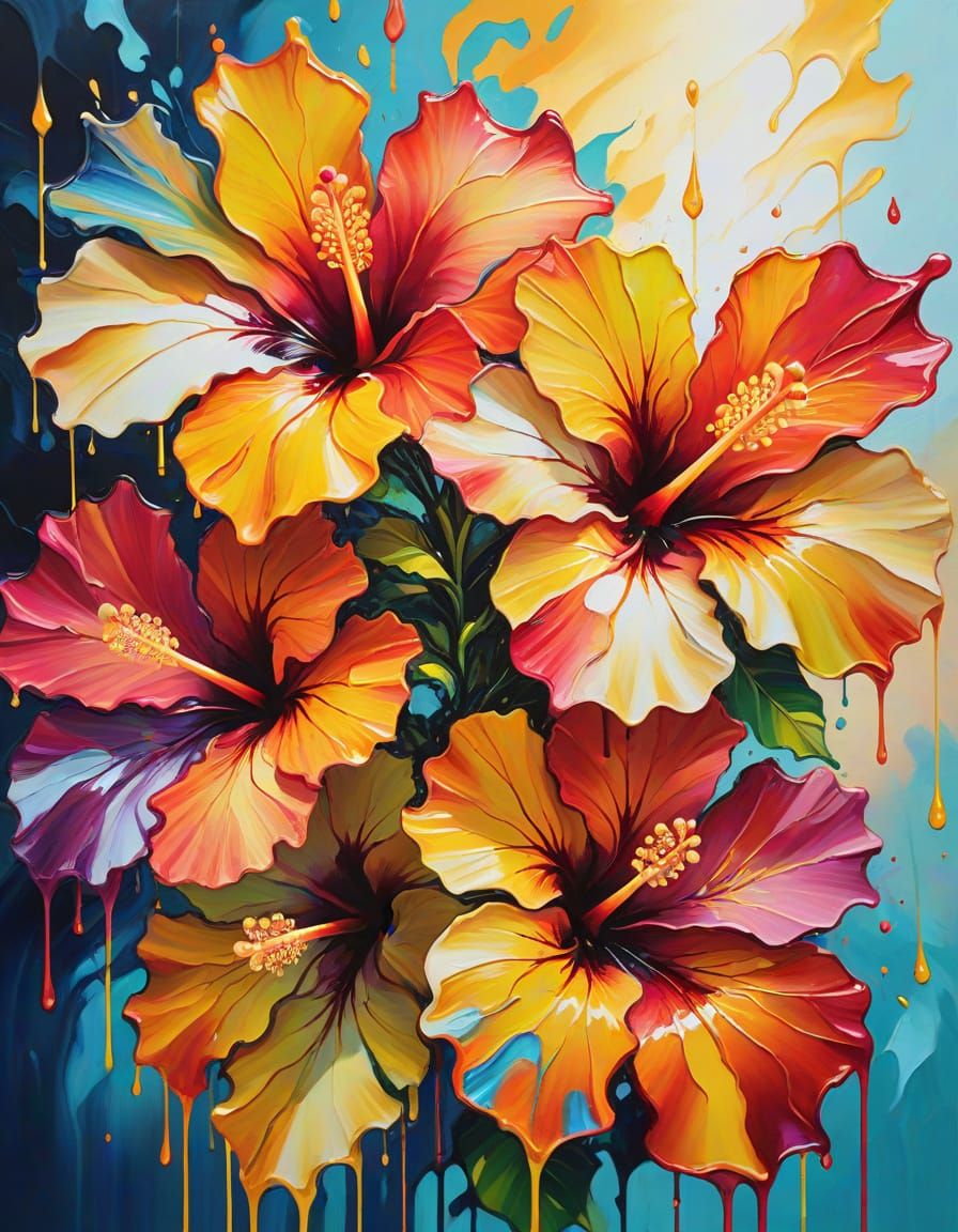 Melting Hibiscus Flowers in Fauvist Acrylic Painting