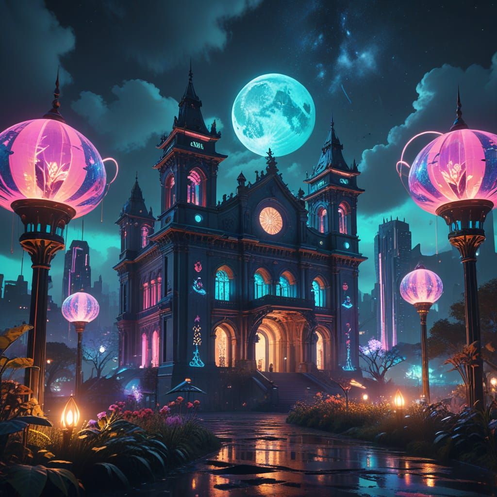 Lunar Punk Cityscape in Vibrant Night Market Aesthetic