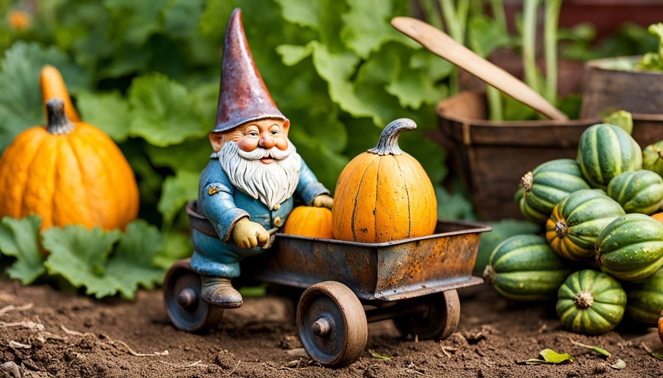 Rustic Metal Gnome Pulling Wagon of Squash