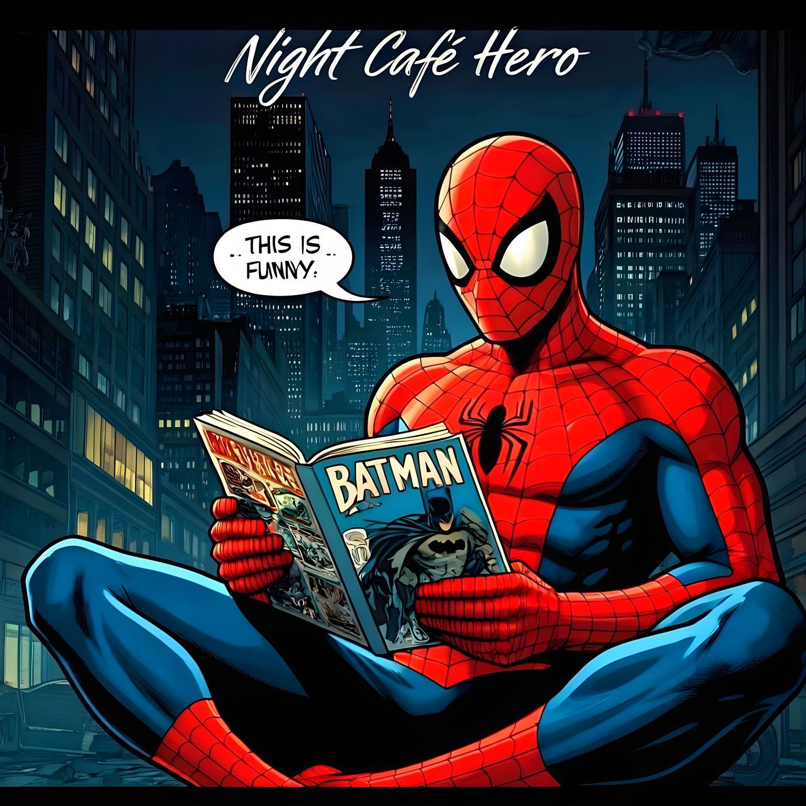 Spiderman reading  a comic book on Batman and finds it Funny.