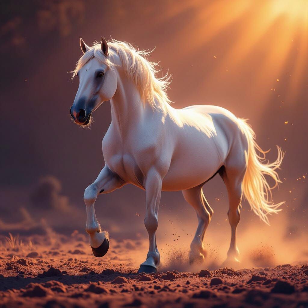 Majestic White Horse Ready to Run in Golden Sunlight