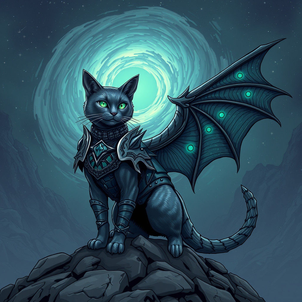 Armored Cat Warrior Gazing at Wormhole