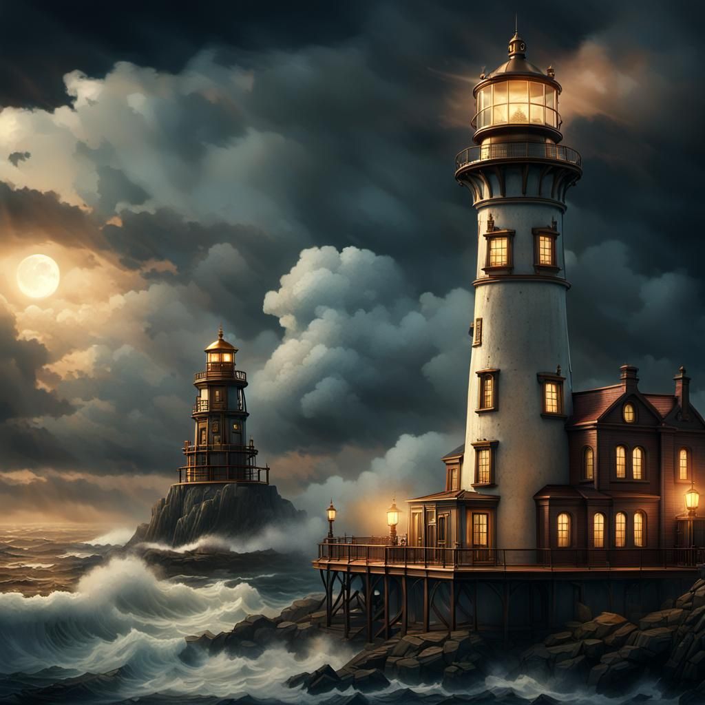 Steampunk Lighthouse on Cliff at Night
