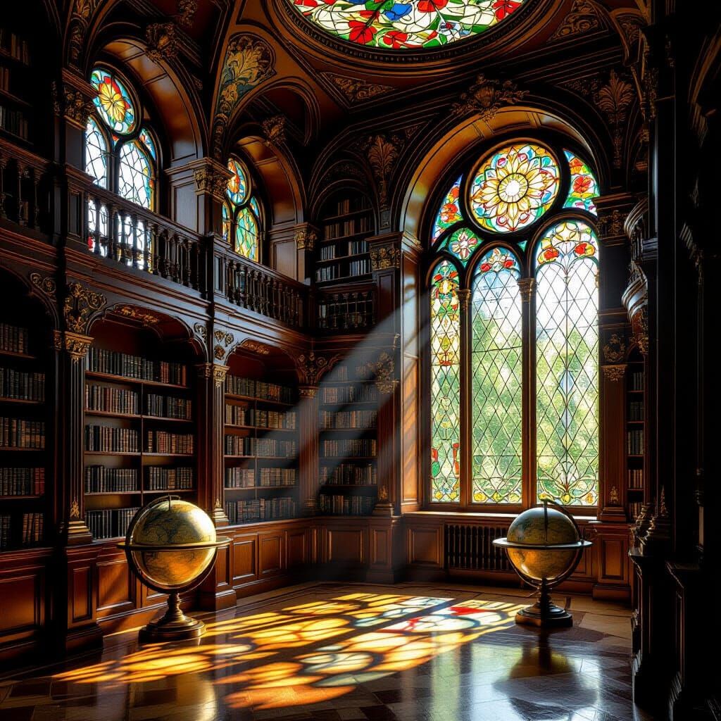 Art Nouveau Library Interior with Floral Stained Glass