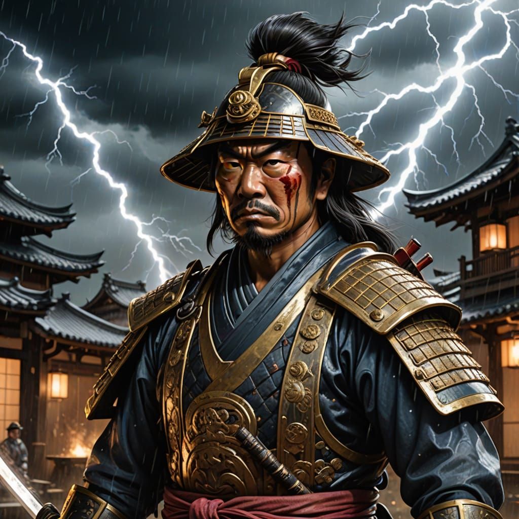 Samurai Warrior in Storm, Hyper-Realistic Double Exposure
