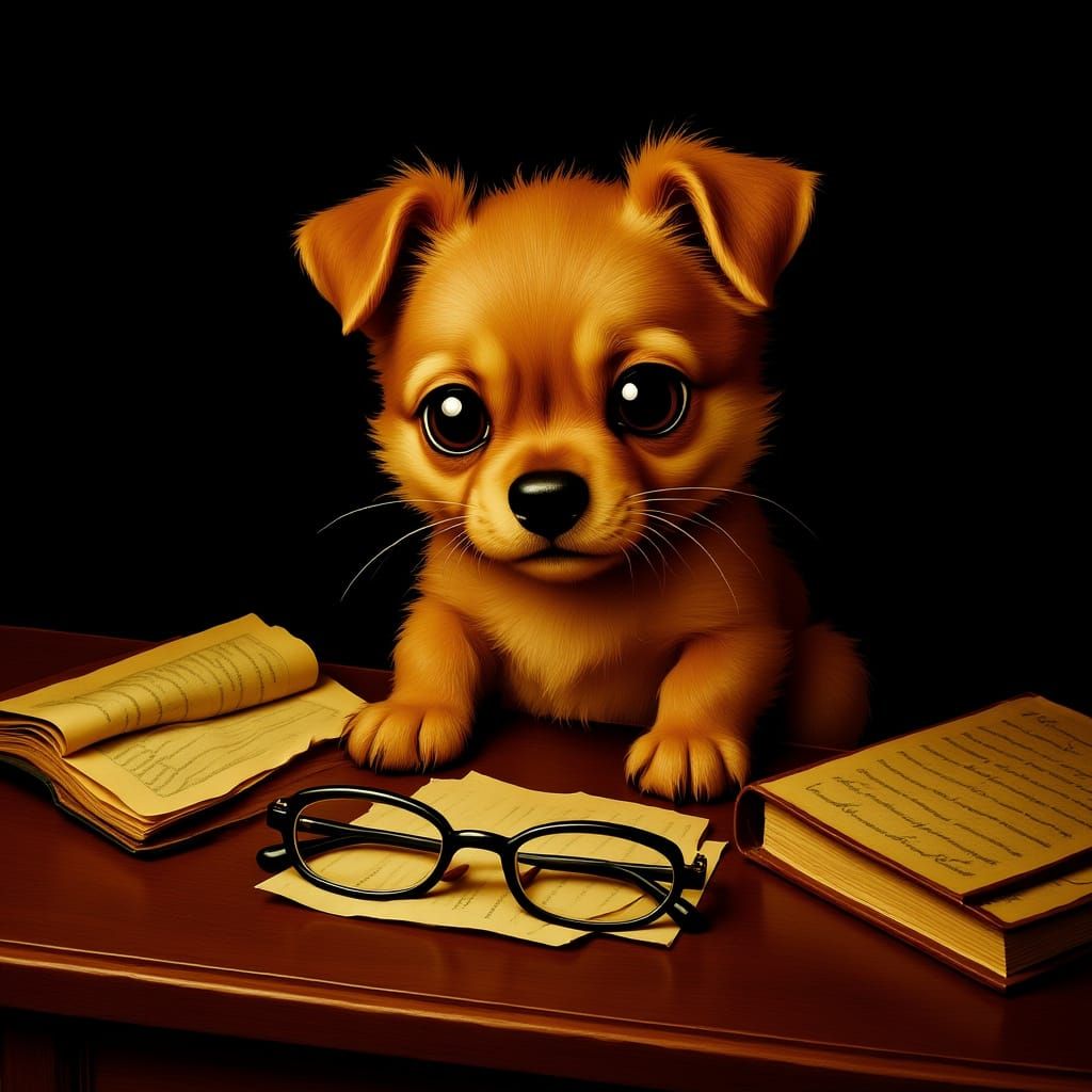 Silky Terrier Puppy & Glasses in Dark Academia Folk Art Styl...