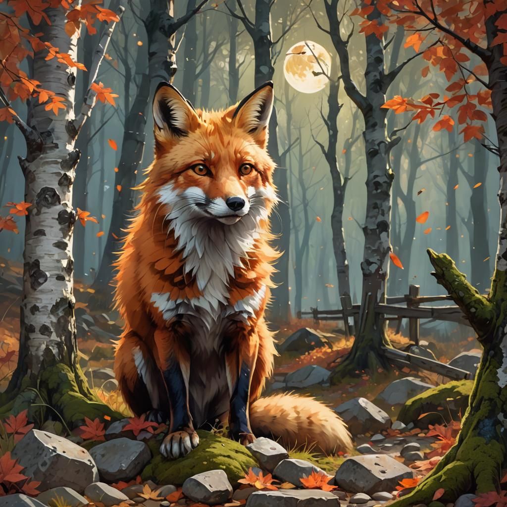 Playful Fox in Autumn Forest: Fantasy Concept Art