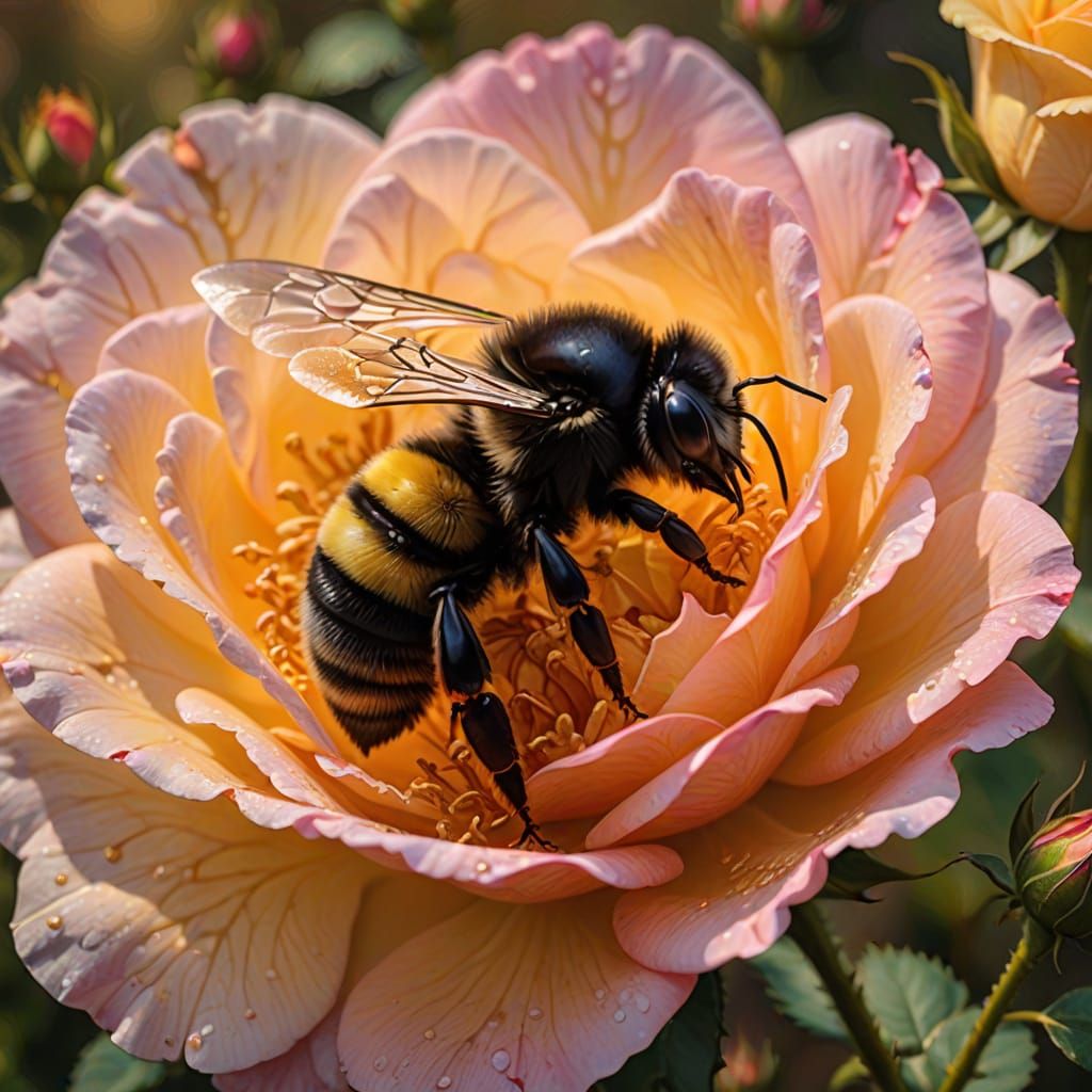 Vibrant Bumblebee on a Delicate Rose in Impressionist Style