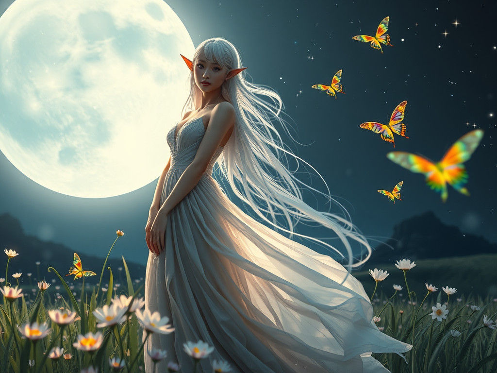 Elfish Woman in Moonlit Meadow: Fantasy Art