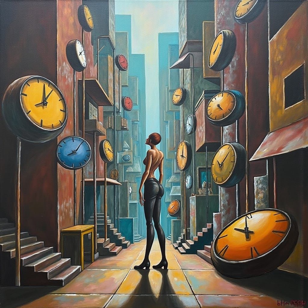 Surreal Cityscape with Clock Faces and Distorted Mirrors