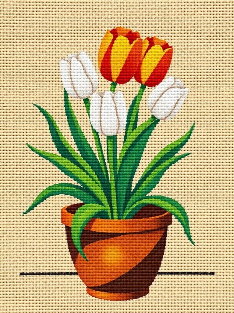 Whimsical Cross-Stitch Tulips in a Flower Pot