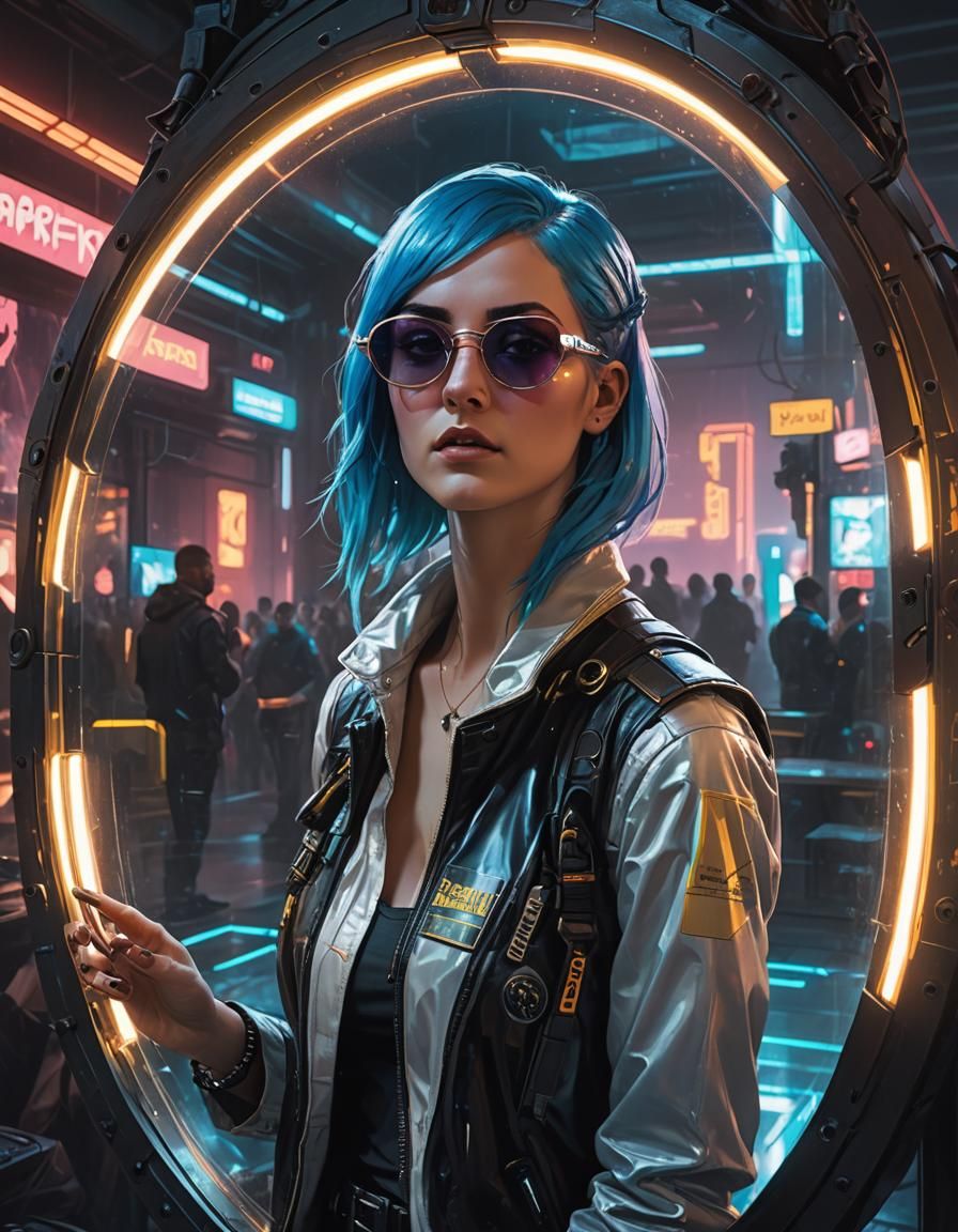 Blue-Haired Girl in Infinite Cyberpunk Mirror Reflections