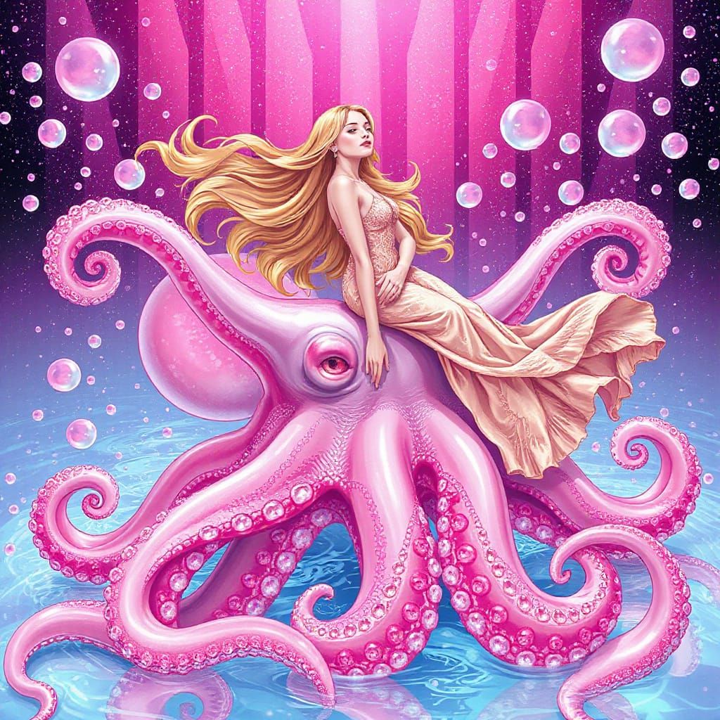 Woman on Gummy Octopus in Surreal Rose Quartz Soda Ocean