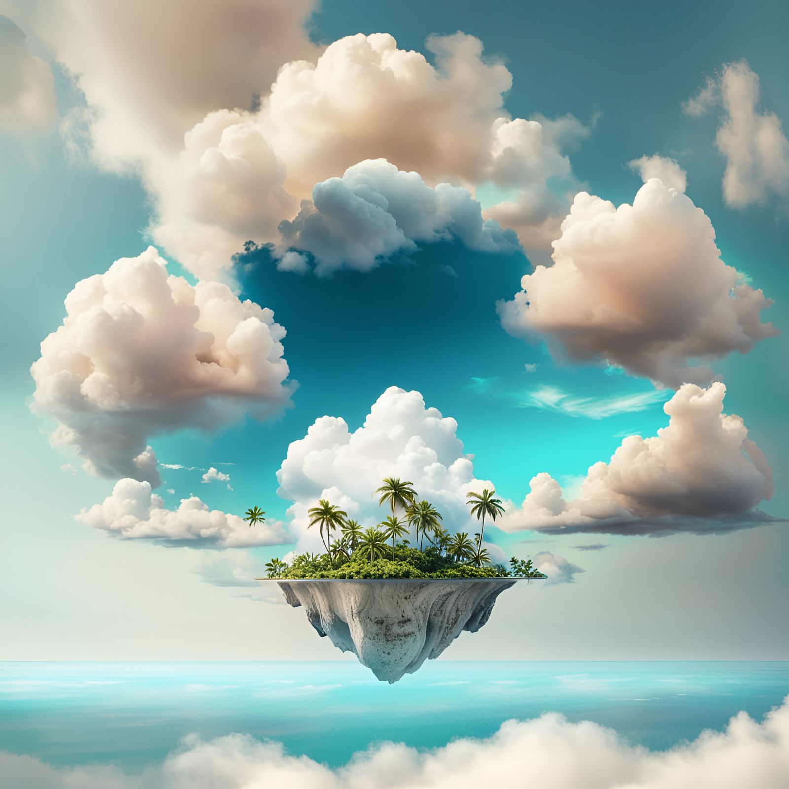 Paradise Island Floating in Cloudy Sky