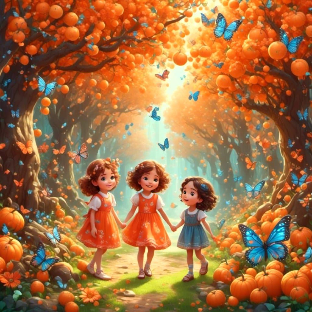 Children Playing in an Enchanted Orange Forest