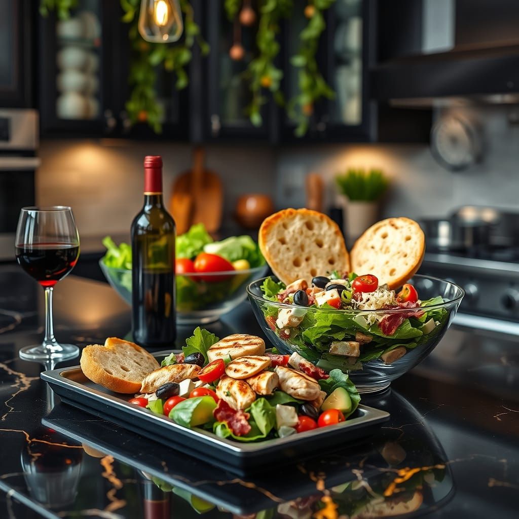 Luxurious Kitchen Island with Salad and Wine