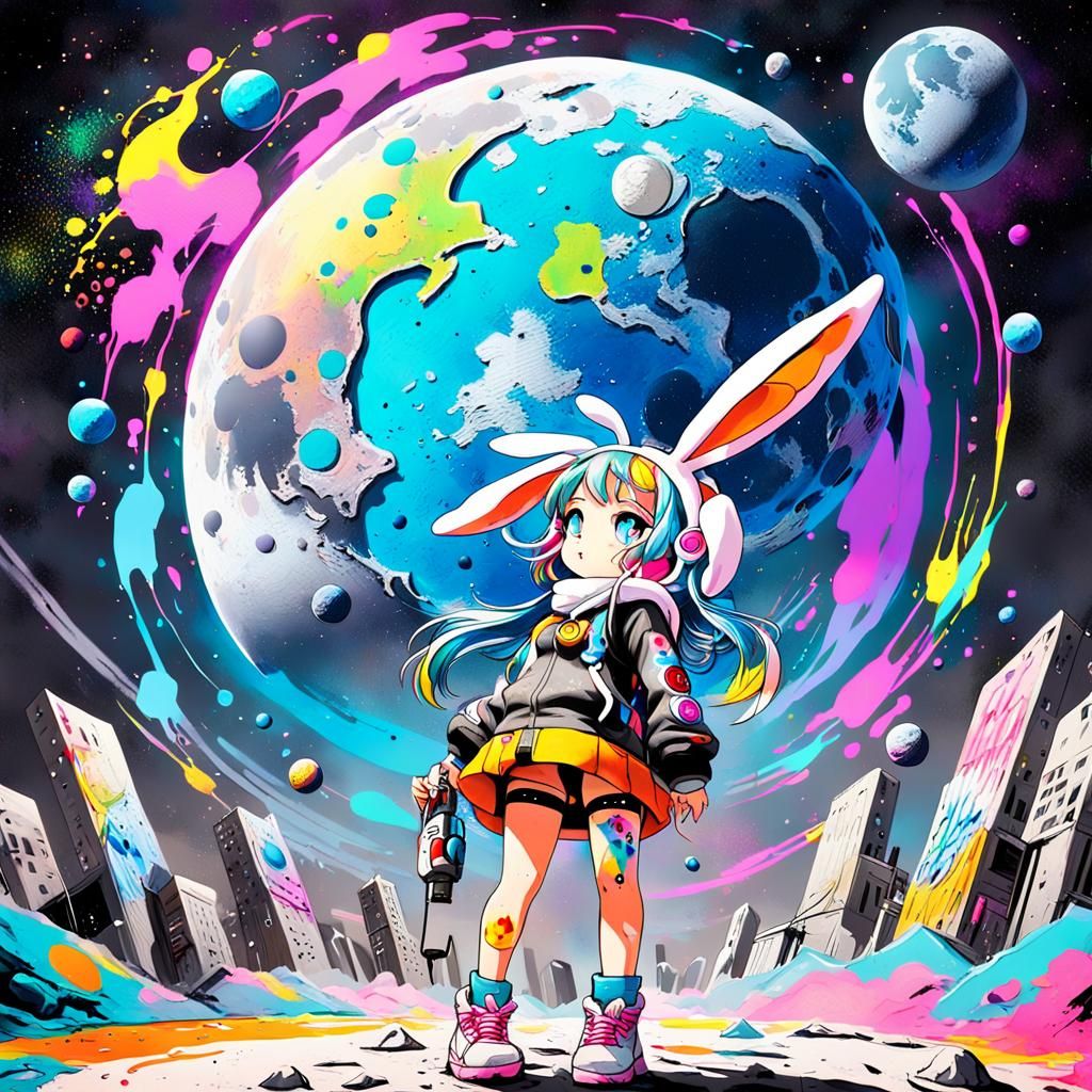Anime Bunny Girl on the Moon in Graffiti Art