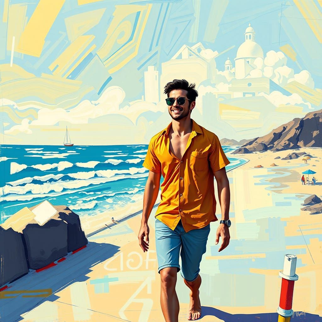 Man Walks to Beach in Impressionist Style