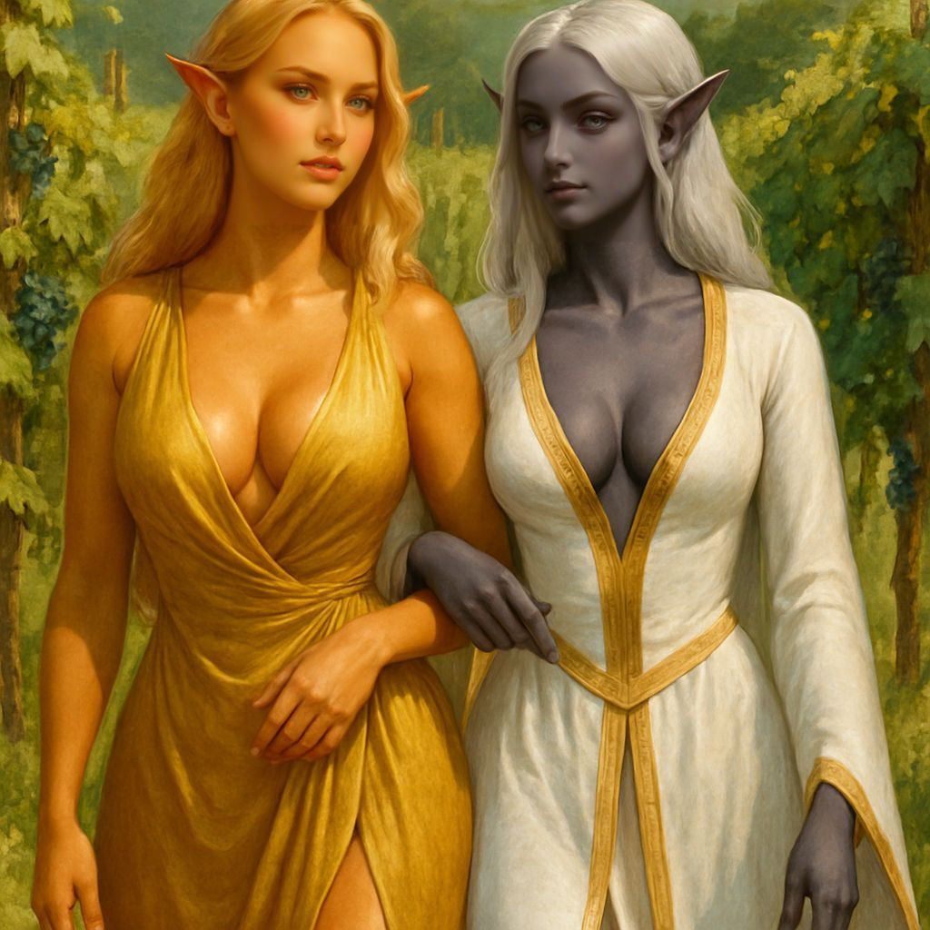 Elven Women in Vineyard: Fantasy Illustration