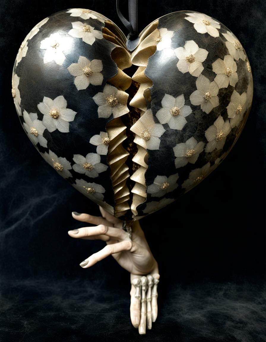 Bone Fingers Bursting Heart Balloon in Surreal Art