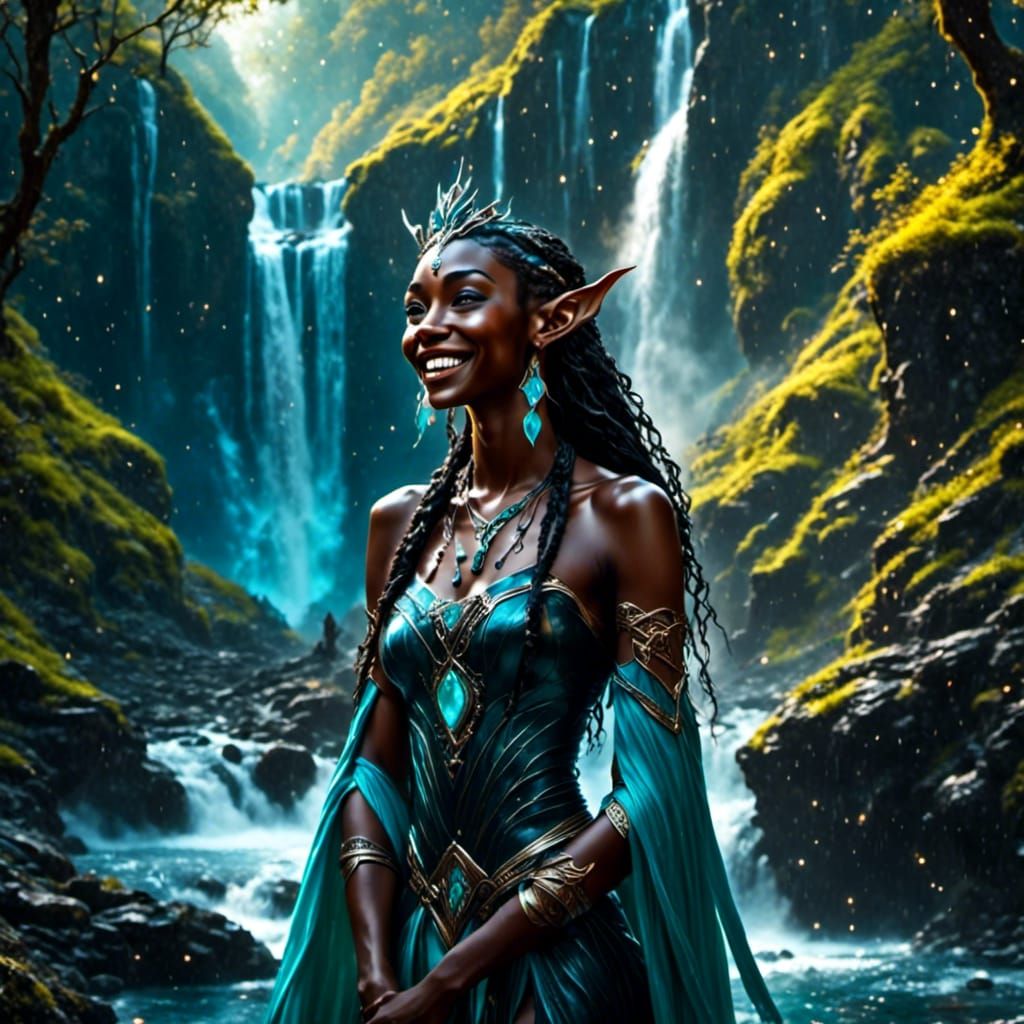 Elf in Teal by a Waterfall