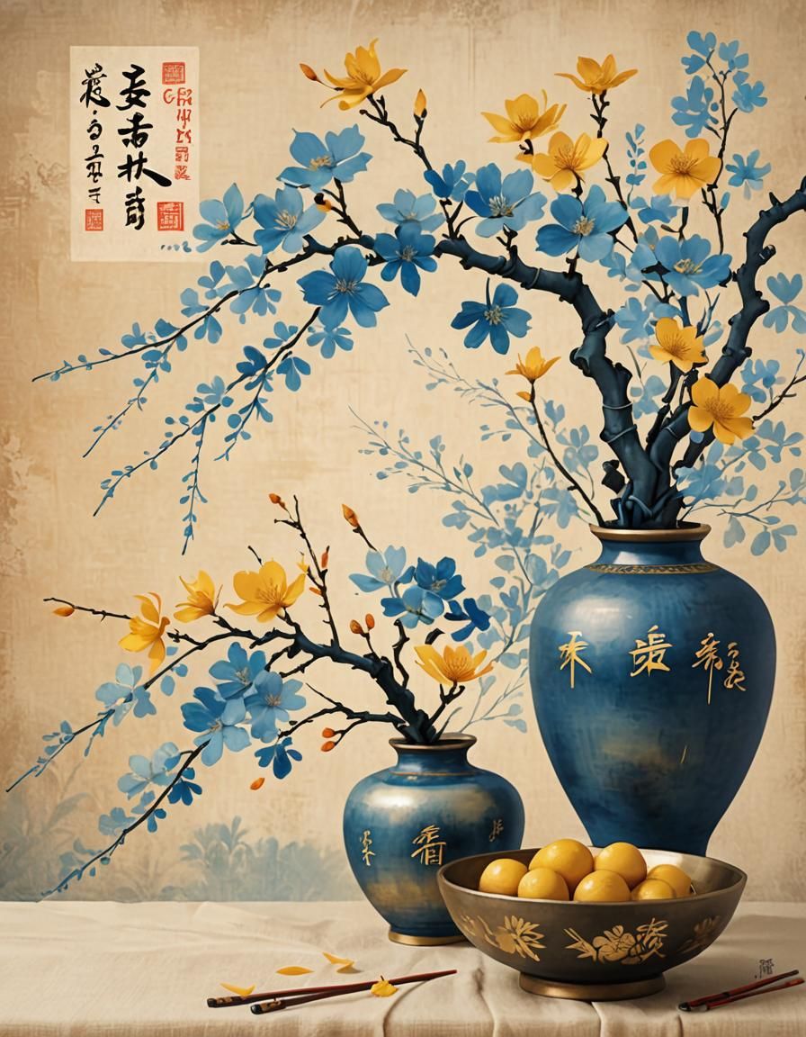 Blue and Yellow Ikebana Arrangement: Digital Matte Painting