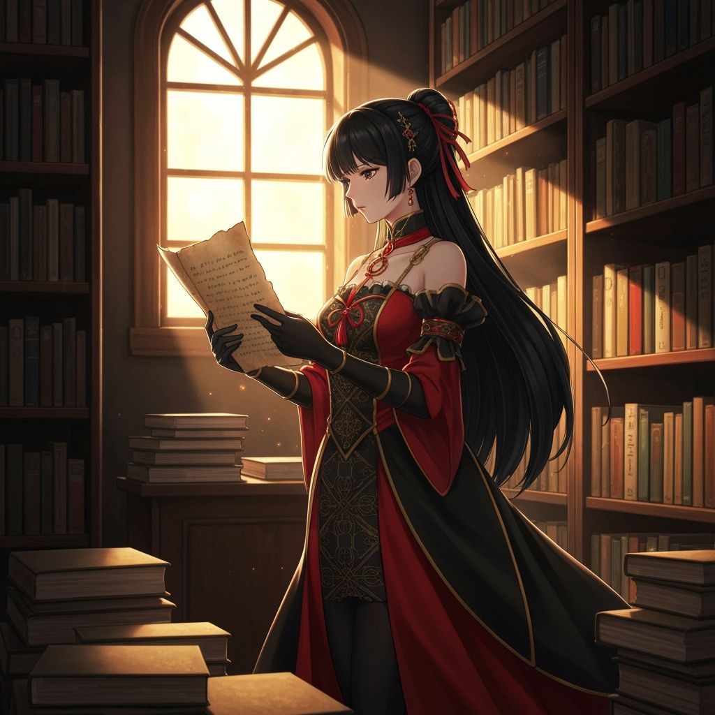 Girl in Red and Gold in Dusty Bookstore