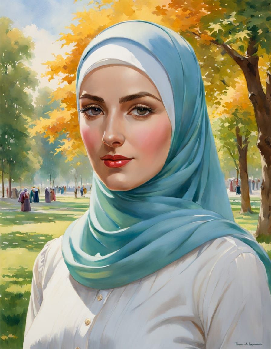 Elegant Hijabi Woman in Watercolor Portrait