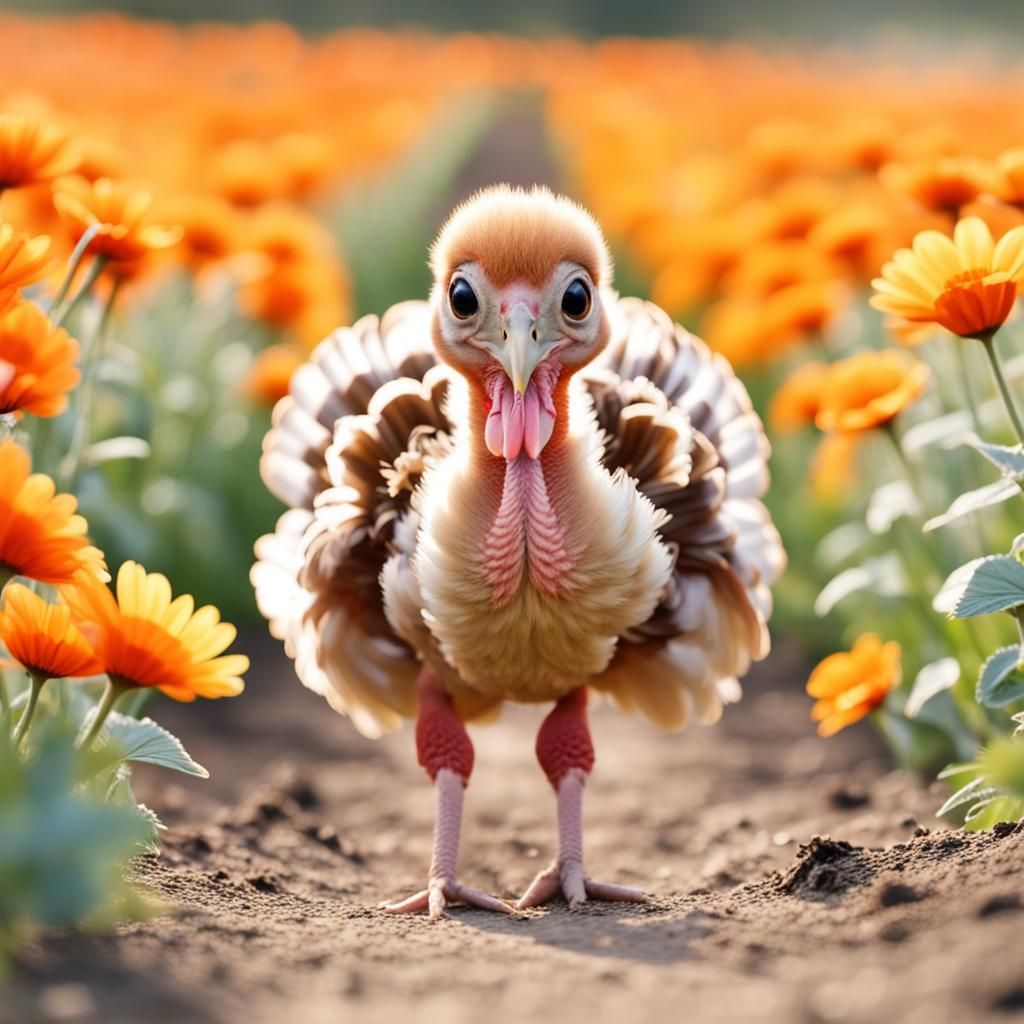 Cute Baby Turkey in Flower Field