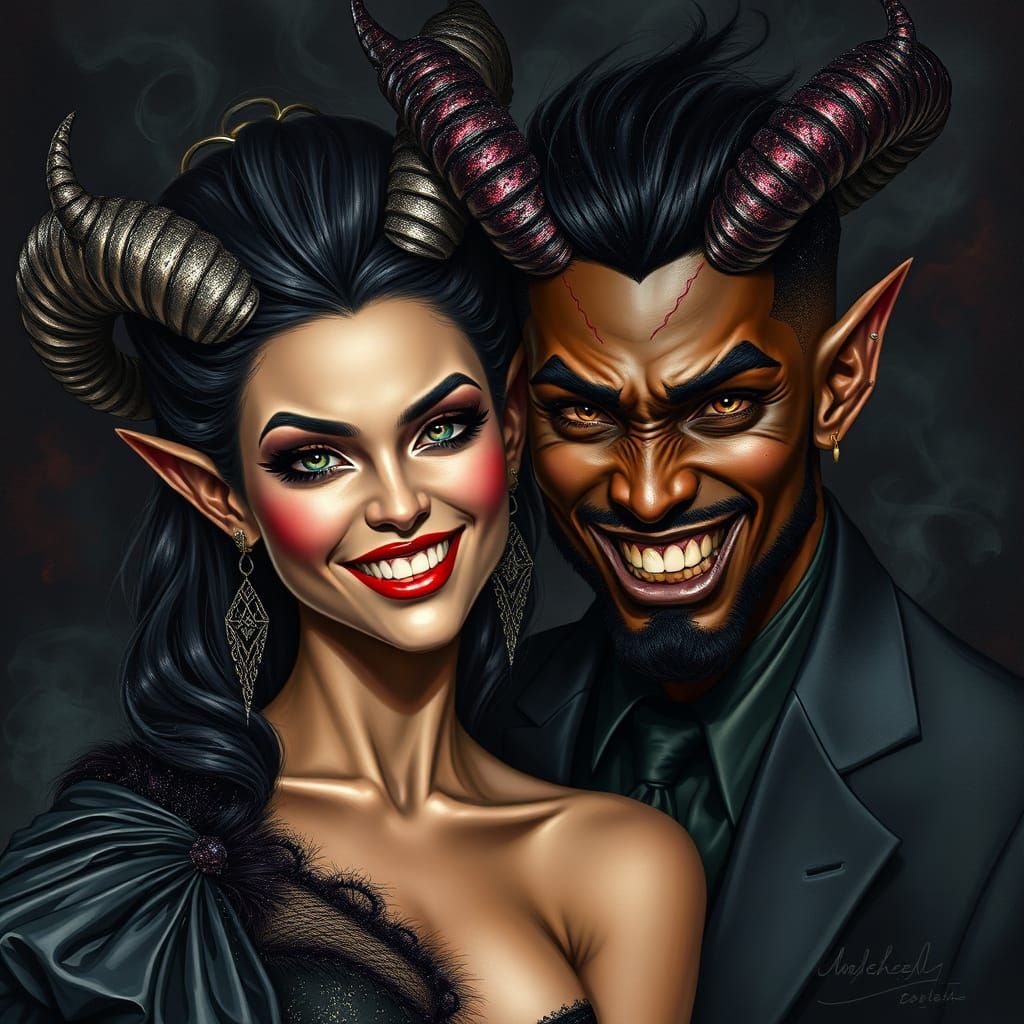 Darkly Glamorous Couple in a Whimsical, Matte Painting Style