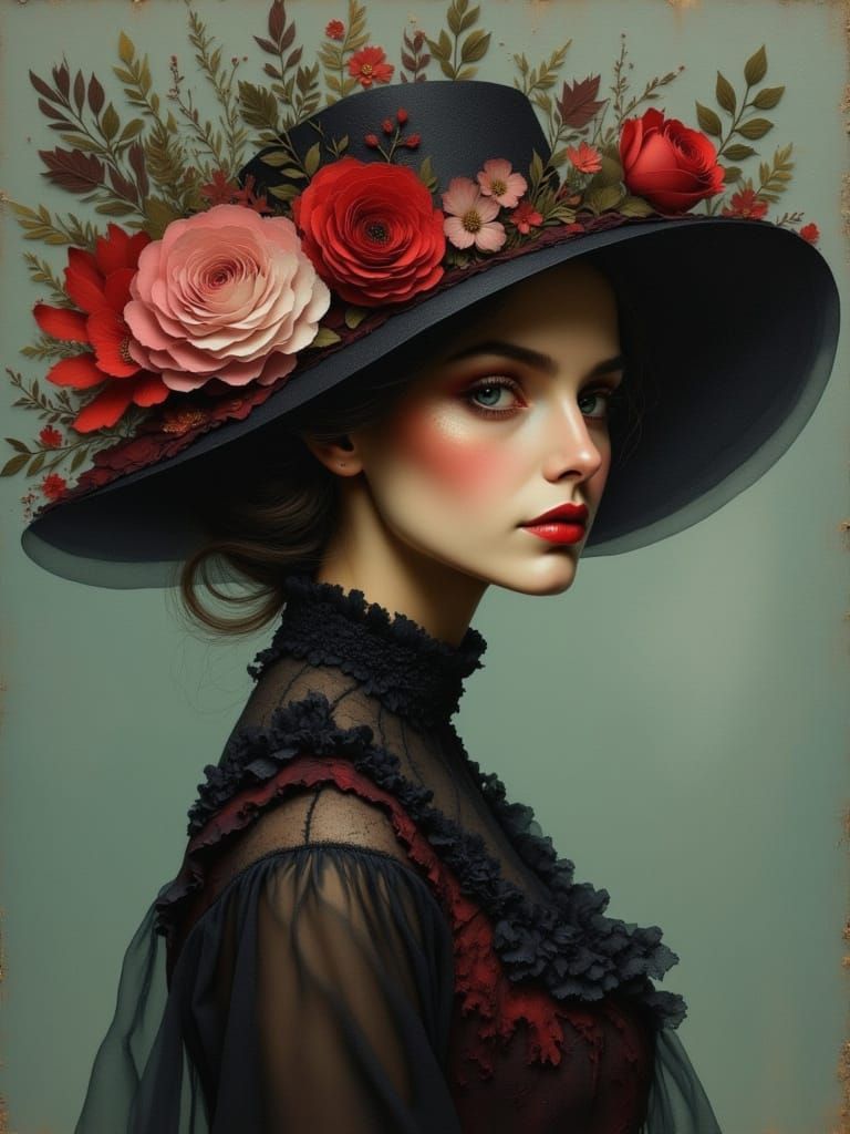 Mixed Media Portrait of a Woman in a Black Hat with Flowers