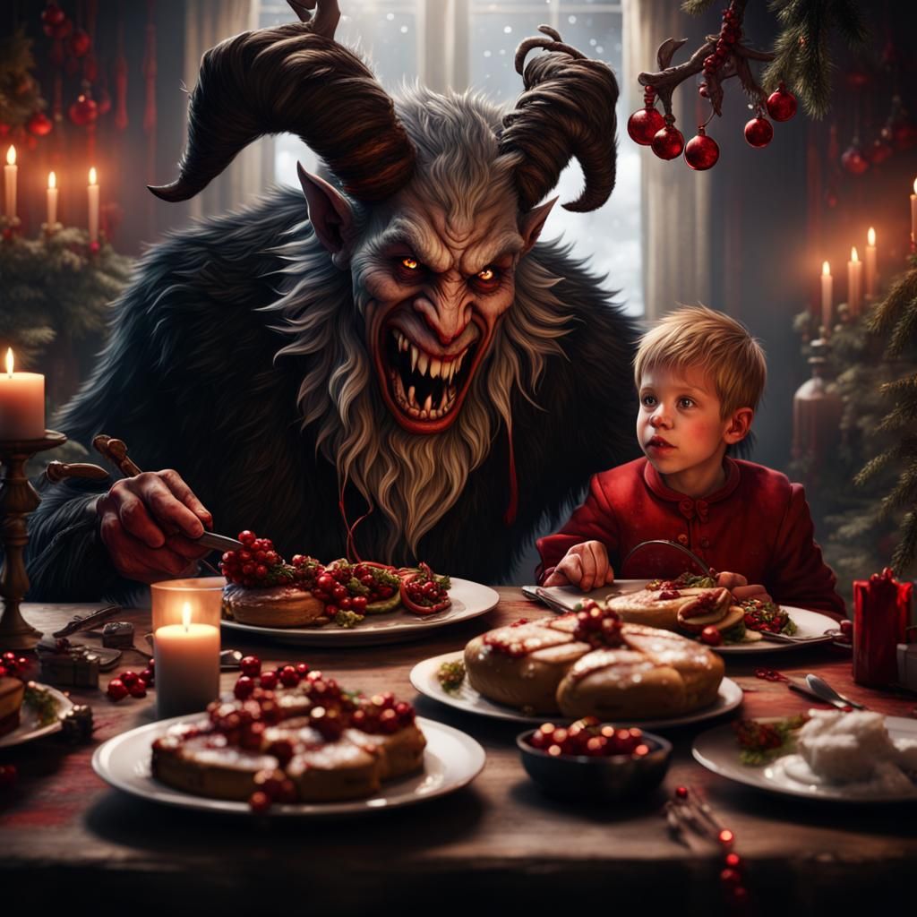 Krampus and Christmas Feast: Detailed Matte Painting