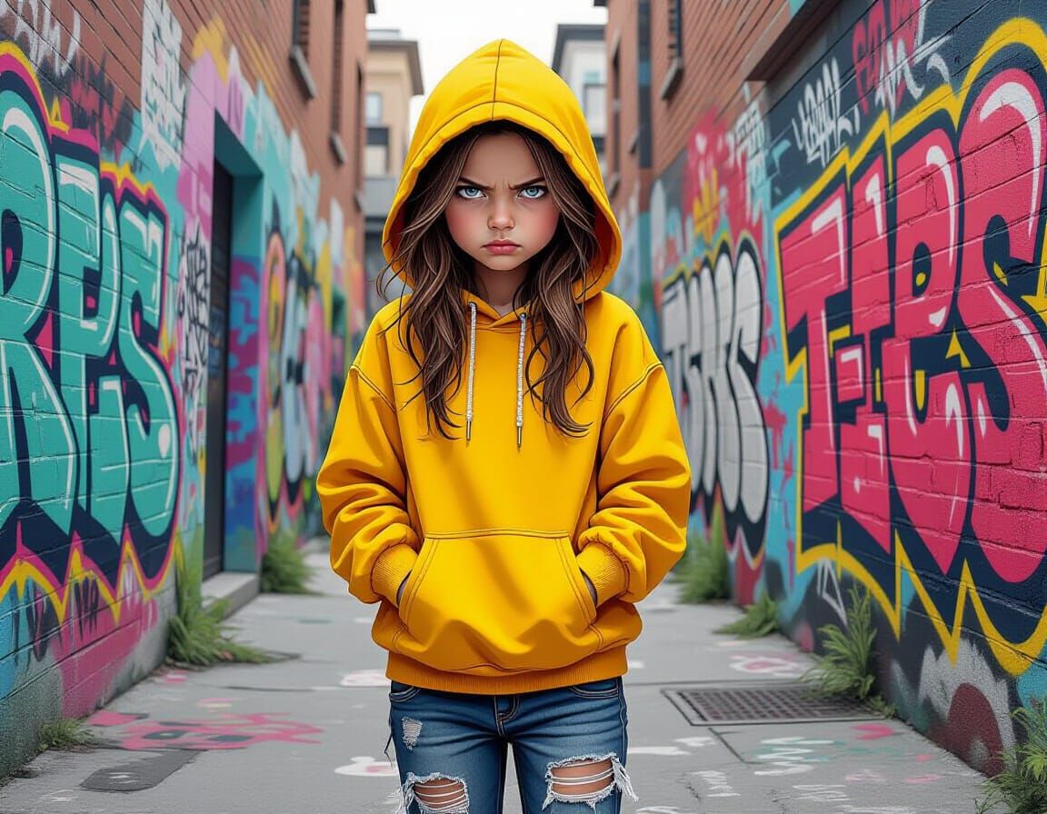 Grumpy Girl in Street Art Alley, Bold Illustration