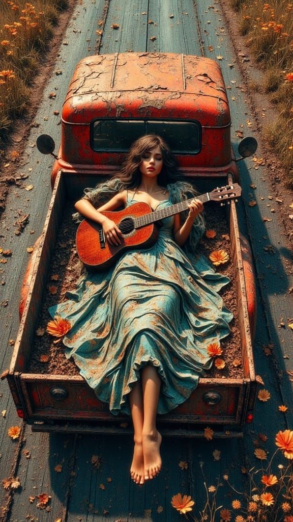 Woman in Colorful Clothes Plays Guitar in Rusty Truck